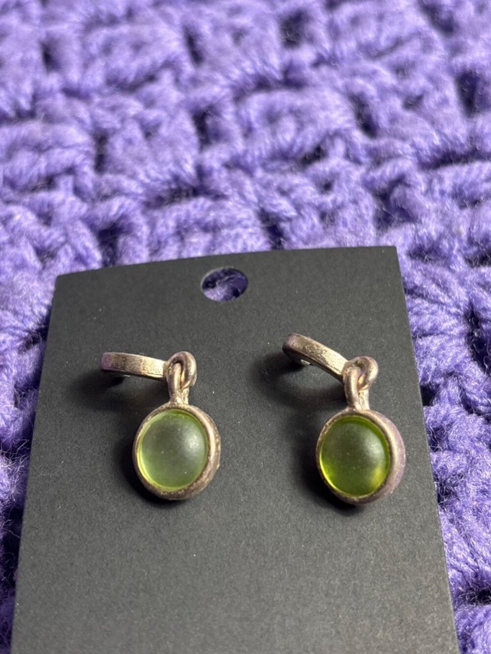 Vintage 90s Goldtone Half Hoop Earrings Green Cabochon Dangle 1 inch